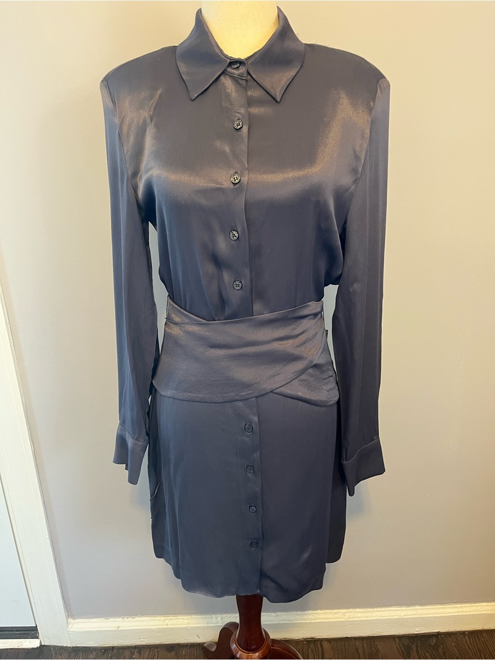 Zara Navy Satin-Effect Long-Sleeve Shirt Dress